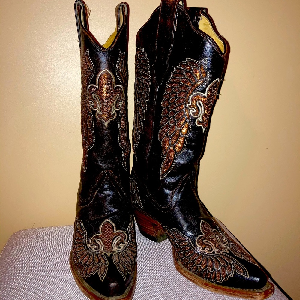 Corral Boots Size 6.5 black and gold Fleur DelLis